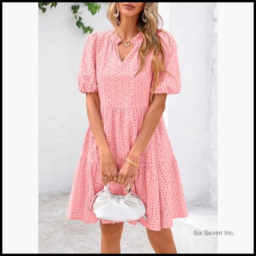 Eyelet Summer Mini Dress with Hollow Out Detail Short Sleeve V Neck - Picture 3 of 7